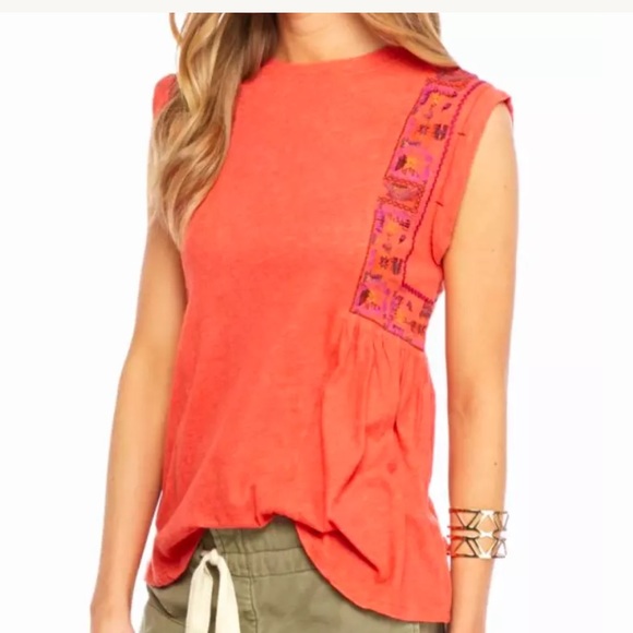 Free People Tops - Free People embroidered boho Marcy tank coral